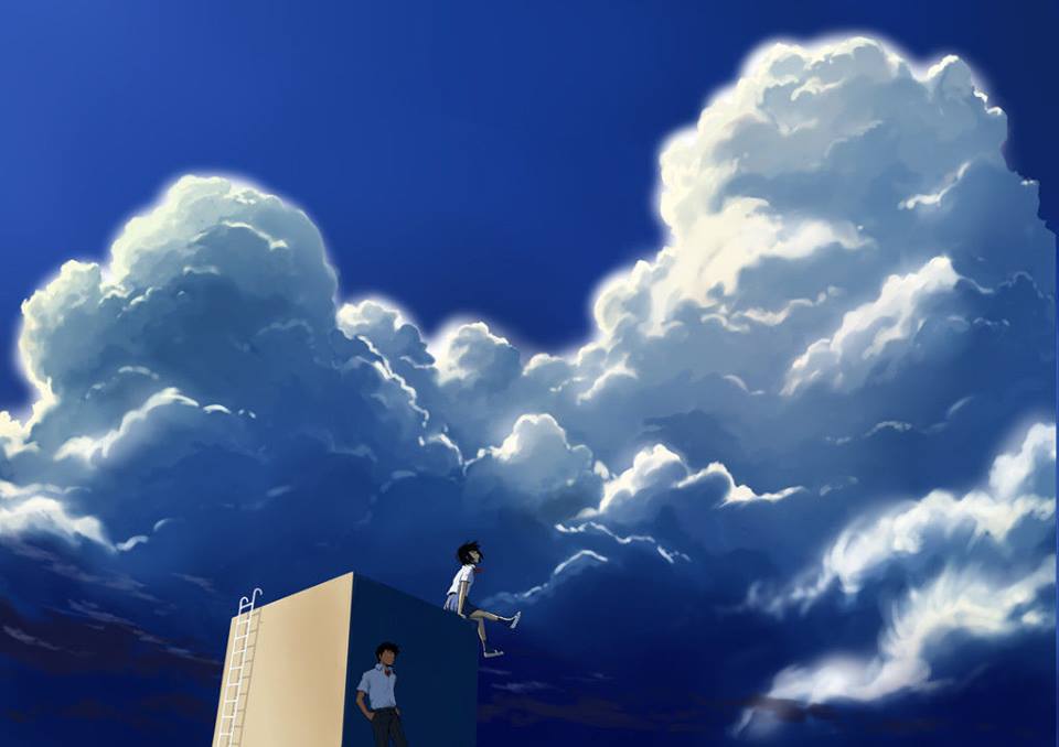 屋上で入道雲を見上げる学生